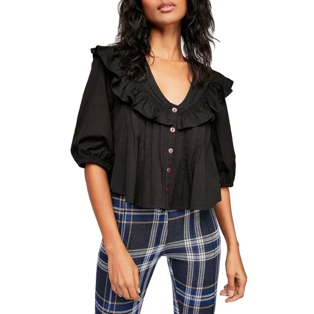 Free People Black Ruffle Pintuck Blouse Peasant Boho Top Size Small